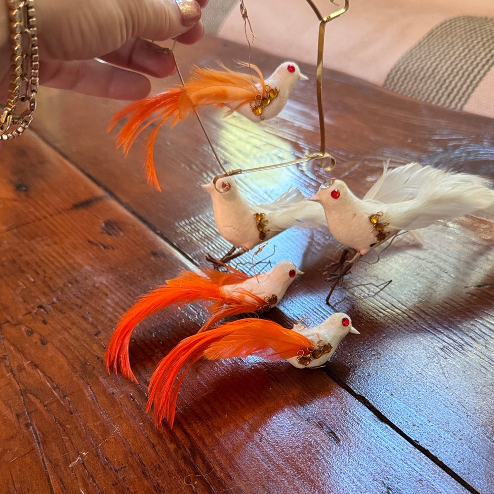 Vintage Orange and White Decorative Bird Ornaments